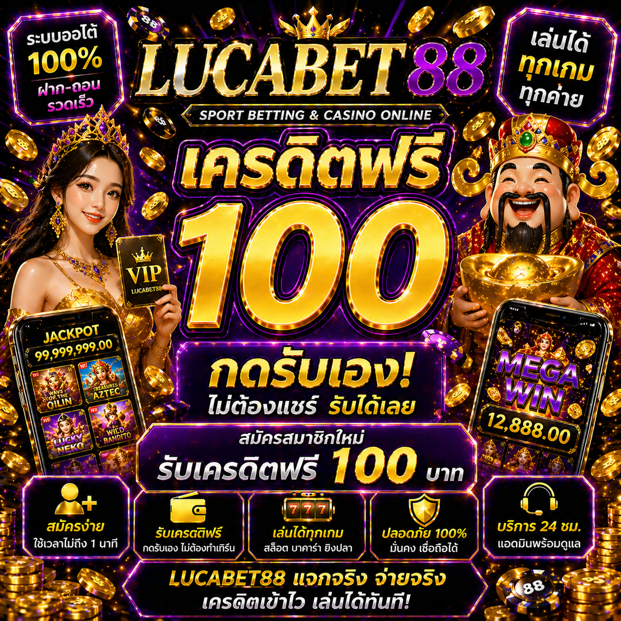 lucabet88 เครดิตฟรี 100 เริ่มเล่นสล็อตปี 2026 ง่าย ไม่ต้องลงทุนก็มีลุ้น